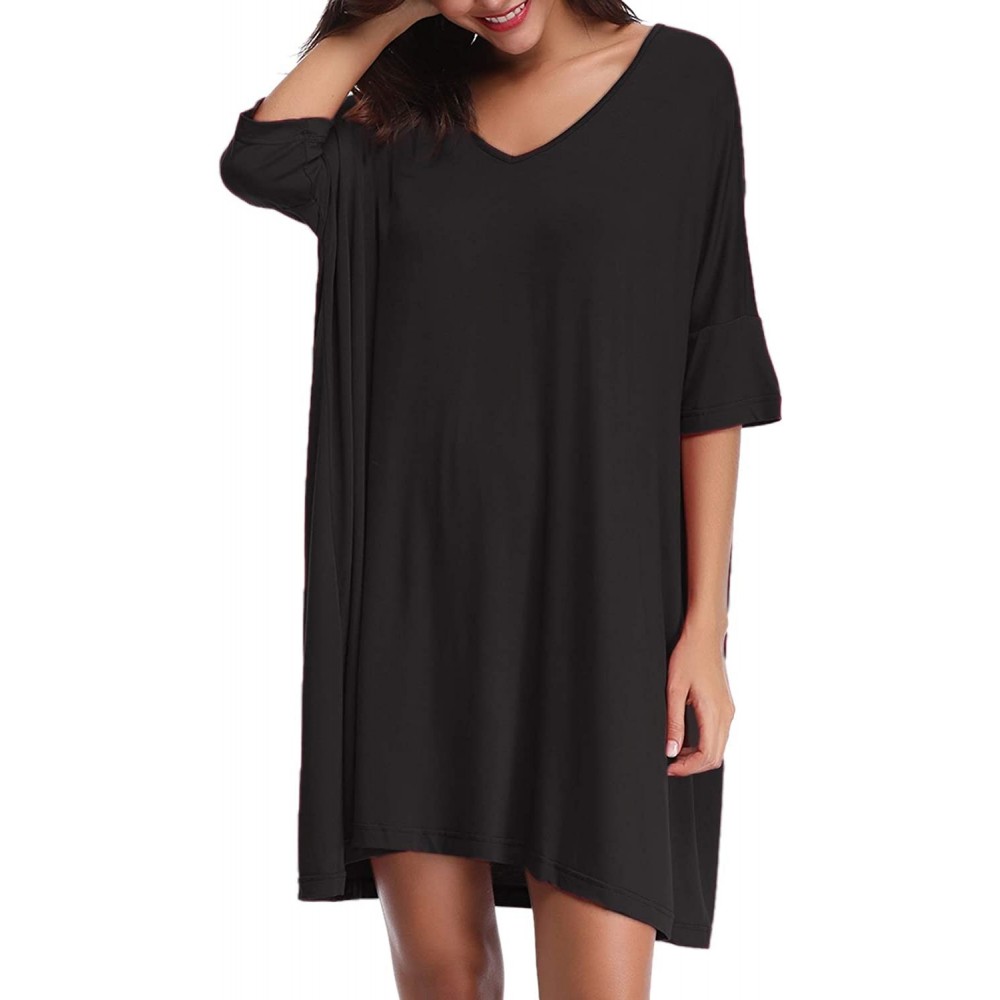 Nightgowns & Sleepshirts Women Sleep Shirt Plus Size Nightshirt Sleepwear V Neck Short Sleeve Nightwear Soft - Black - CN18M6...