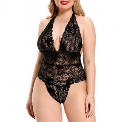 Baby Dolls & Chemises Plus Size Open Back Lace Lingerie Deep V Teddy& Bodysuits Babydoll Sleepwear - Black - CL194DXZZX2