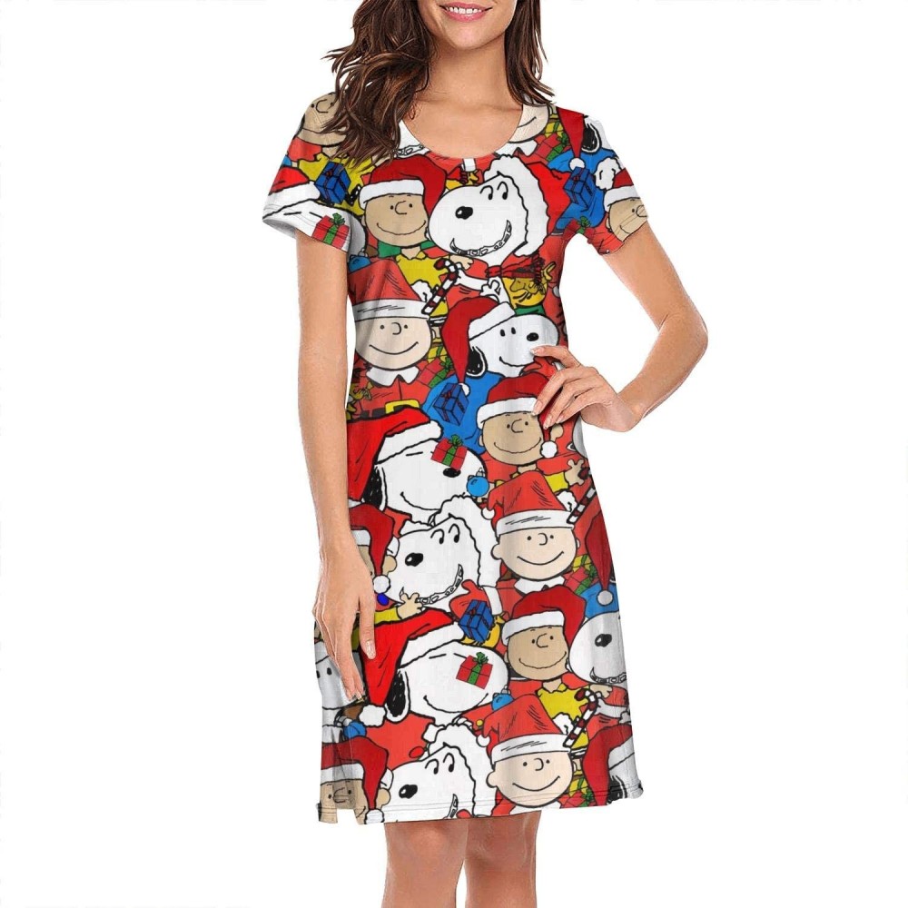 Nightgowns & Sleepshirts Womens Snoopy- Nightgown Print Nightwear Round Neck - White-74 - CD19C9DN225