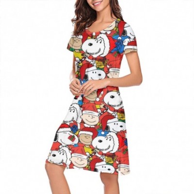 Nightgowns & Sleepshirts Womens Snoopy- Nightgown Print Nightwear Round Neck - White-74 - CD19C9DN225