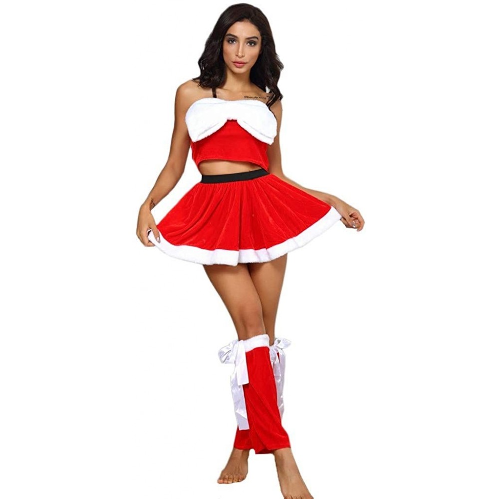 Bras Women Sexy Christmas Sleepwear Bow Tops Mini Dress Leg Ring Red Lingerie Nightwear - Red - C618ZR2QMWZ