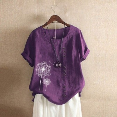 Slips Womens Plus Size Linen Tops Casual Loose Button Print Boho Shirt Short Sleeve O-Neck Blouse - Purple - CY1966RRUOZ