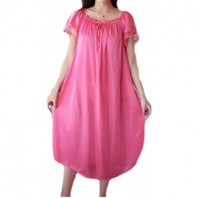 Nightgowns & Sleepshirts Women's Plus Size Lace Summer Ice Silk Sexy Pure Color Classic Nightgown - Watermelon Red - CM18D4MAMYY