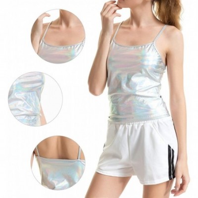 Camisoles & Tanks Women's Shiny Metallic Camisole Liquid Wet Look Crop Top Tank Tops for Party Rave - Laser Silver - CC18LQ74YEM