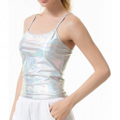 Camisoles & Tanks Women's Shiny Metallic Camisole Liquid Wet Look Crop Top Tank Tops for Party Rave - Laser Silver - CC18LQ74YEM