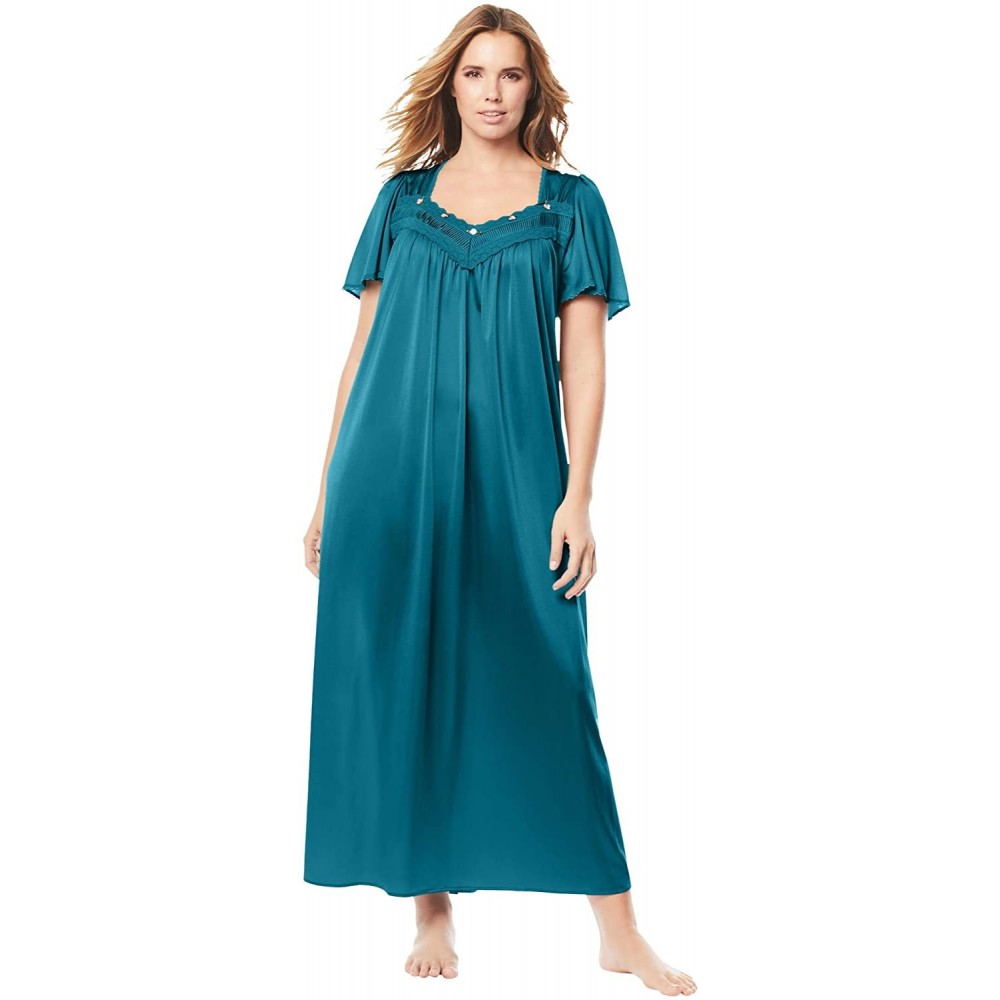 Nightgowns & Sleepshirts Women's Plus Size Long Silky Lace-Trim Gown Pajamas - Deep Teal (0282) - C31908N278Q