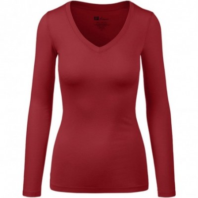 Shapewear Women's Basic Long Sleeve V Neck Tee Everyday Casual Shirts - 107-dark Burgundy - CA187545YUW