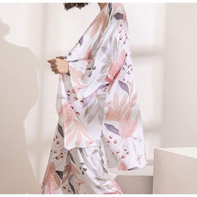 Sets 3 pcs Soft Pajama Set for Spring Fall Ladies Sleepwear Floral Printed Pink Leaves Cardigan+Camisole+Pants Homewear - Col...