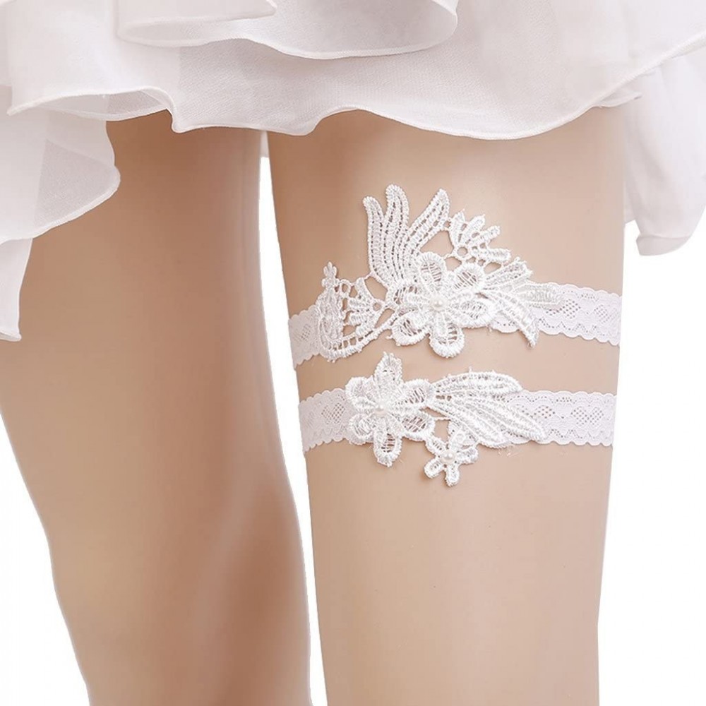 Garters & Garter Belts Handmade Rhinestone Lace Wedding Garters for Bride Party Garter Set 2 Pcs - P-off White - C018YDQXNHU