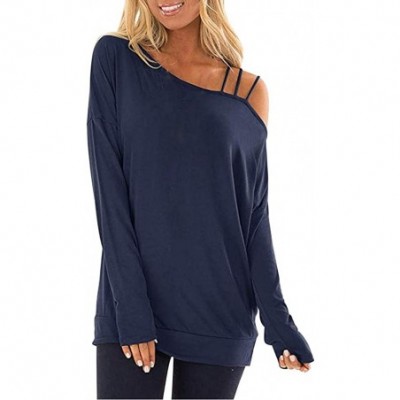 Thermal Underwear Women's Long Sleeve Tops Cold Shoulder Pullover Sweatshirt Loose Plain T Shirt Blouses Tunic Tops - Navy - ...