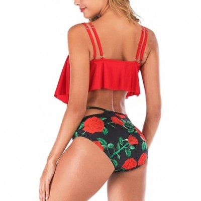 Tops Swimsuit for Women Two Pieces Top Ruffled Backless Racerback with High Waisted Bottom Tankini Set - Red - CE194X99NX5