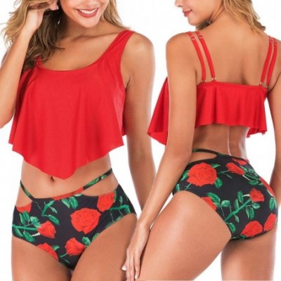 Tops Swimsuit for Women Two Pieces Top Ruffled Backless Racerback with High Waisted Bottom Tankini Set - Red - CE194X99NX5