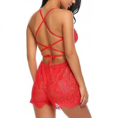 Baby Dolls & Chemises Sexy Lingerie for Women Plus-Size Lace Teddy Deep V Halter One Piece Bodysuit Babydoll S-XXXL - Red - C...