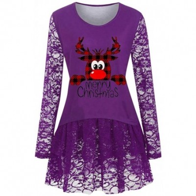 Tops Christmas Tops Women O-Neck Pullover Longline Lace Panel Plaid Christmas Print Blouse Plus Size - Purple - C518AQ96NUR