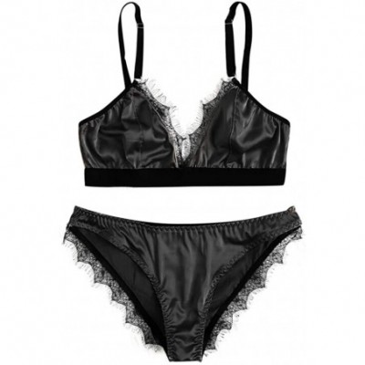 Accessories Sexy Satin Lace Patchwork Sleepwear for Women Lingerie Underwear Set - Black - CX18SWL29TW