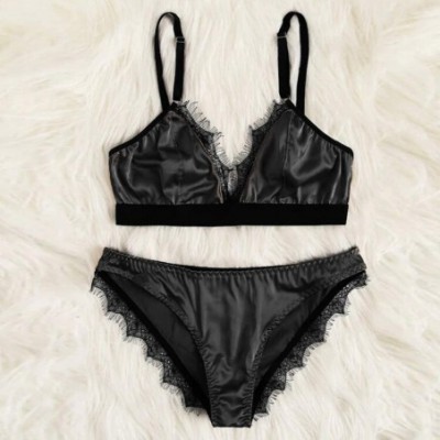 Accessories Sexy Satin Lace Patchwork Sleepwear for Women Lingerie Underwear Set - Black - CX18SWL29TW