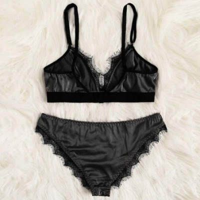 Accessories Sexy Satin Lace Patchwork Sleepwear for Women Lingerie Underwear Set - Black - CX18SWL29TW