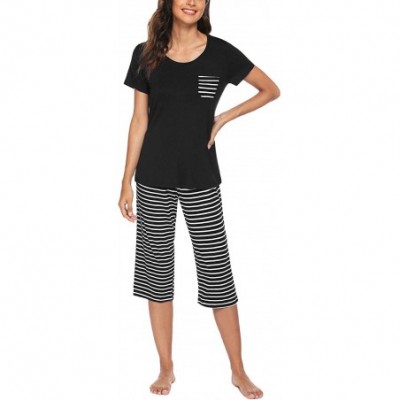 Sets Womens Pajama Set V-Neck Short Sleeve Shirt & Striped Capri Pants Sleepwear Pjs Sets - Black - CK18S9UASIM