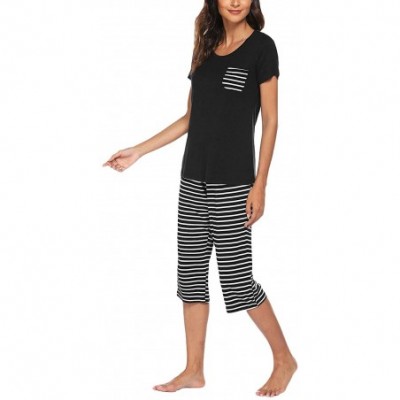 Sets Womens Pajama Set V-Neck Short Sleeve Shirt & Striped Capri Pants Sleepwear Pjs Sets - Black - CK18S9UASIM