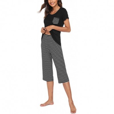 Sets Womens Pajama Set V-Neck Short Sleeve Shirt & Striped Capri Pants Sleepwear Pjs Sets - Black - CK18S9UASIM