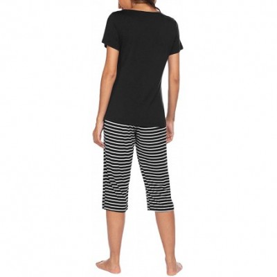 Sets Womens Pajama Set V-Neck Short Sleeve Shirt & Striped Capri Pants Sleepwear Pjs Sets - Black - CK18S9UASIM