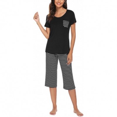 Sets Womens Pajama Set V-Neck Short Sleeve Shirt & Striped Capri Pants Sleepwear Pjs Sets - Black - CK18S9UASIM