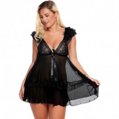 Baby Dolls & Chemises Plus Size Sexy Halter Lace Ruffles Strap Chemise Babydoll Lingerie Set Nightwear for Women - Black2 - C...