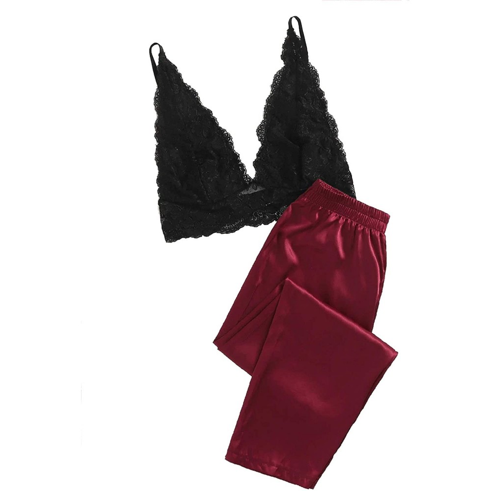 Sets Women's Sexy Floral Lace Bralette Top with Satin Pant Pajama Sets - Burgundy - CV19659HRCM