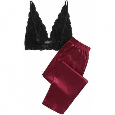 Sets Women's Sexy Floral Lace Bralette Top with Satin Pant Pajama Sets - Burgundy - CV19659HRCM