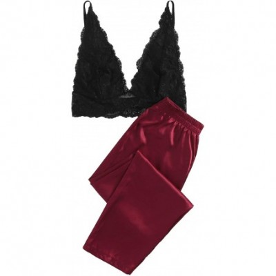 Sets Women's Sexy Floral Lace Bralette Top with Satin Pant Pajama Sets - Burgundy - CV19659HRCM