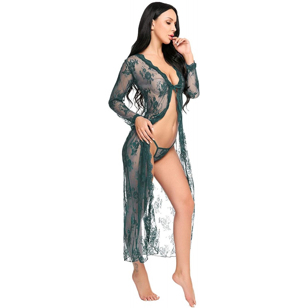 Baby Dolls & Chemises Lingerie for Women Sexy Long Lace Dress Sheer Gown See Through Kimono Robe - Dark Green - CI18G8Z5GHZ