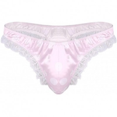 Briefs Men's Frilly Satin Ruffled Lace Polka Dots G-String Thong Sissy Pouch Panties Underwear - Pink - CZ18KL6L4GS