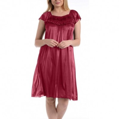 Nightgowns & Sleepshirts Women's Satin Silk Ruffle Nightgown - Fuschia - C011YUIKHT9