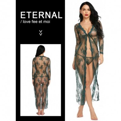 Baby Dolls & Chemises Lingerie for Women Sexy Long Lace Dress Sheer Gown See Through Kimono Robe - Dark Green - CI18G8Z5GHZ