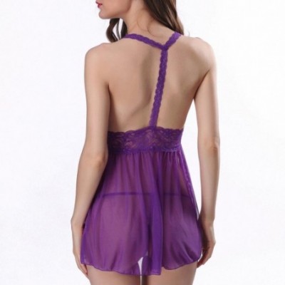 Baby Dolls & Chemises Sleepwear Strap Underwear Women Sexy Lingerie Lace Babydoll V Neck Backless - Purple - CJ18DLY6RL6