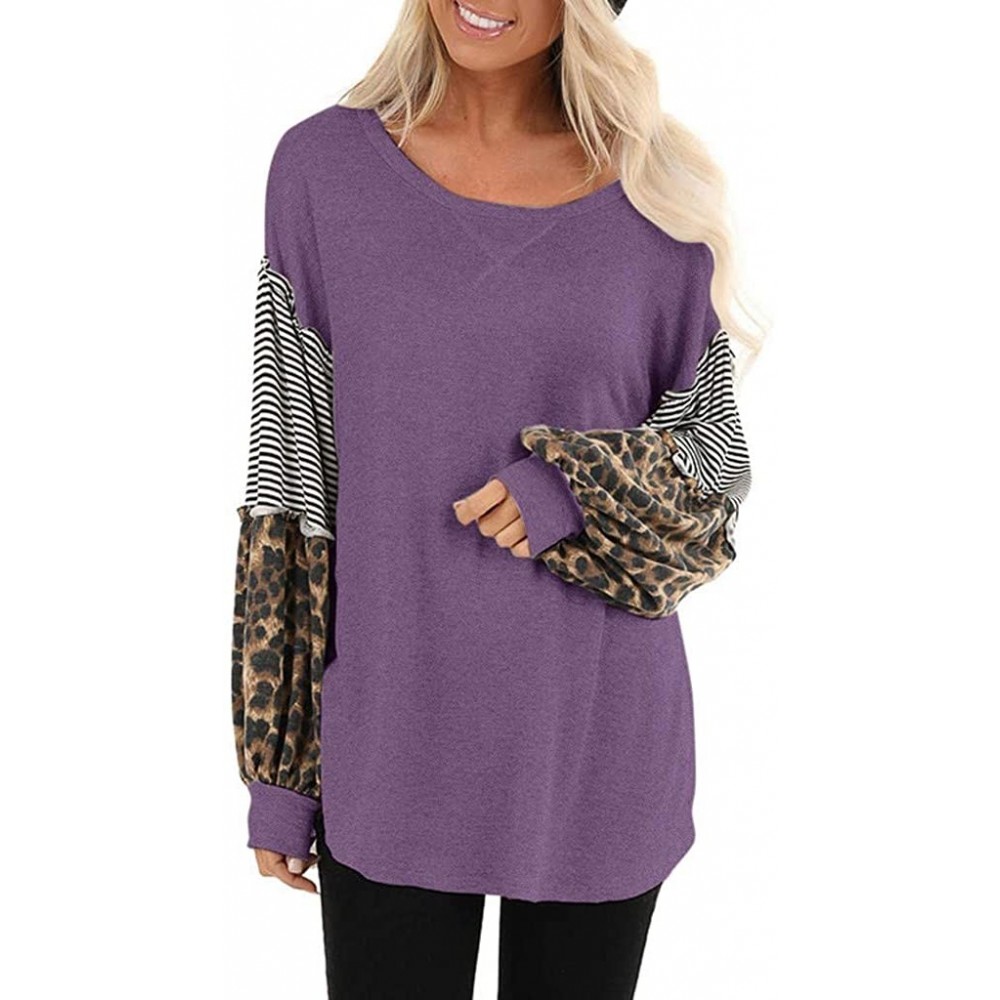 Slips Womens Leopard Print Tunic Top Casual Long Sleeve Striped Splicing Shirt Pullover Color Block Tops for Women Girls - Pu...