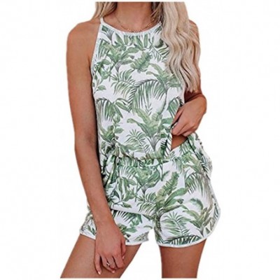 Sets Womens Floral Shorts Pajama Set Halter Sleeveless Overalls Sleepwear Loungewear - Green - CC1998RWQ73