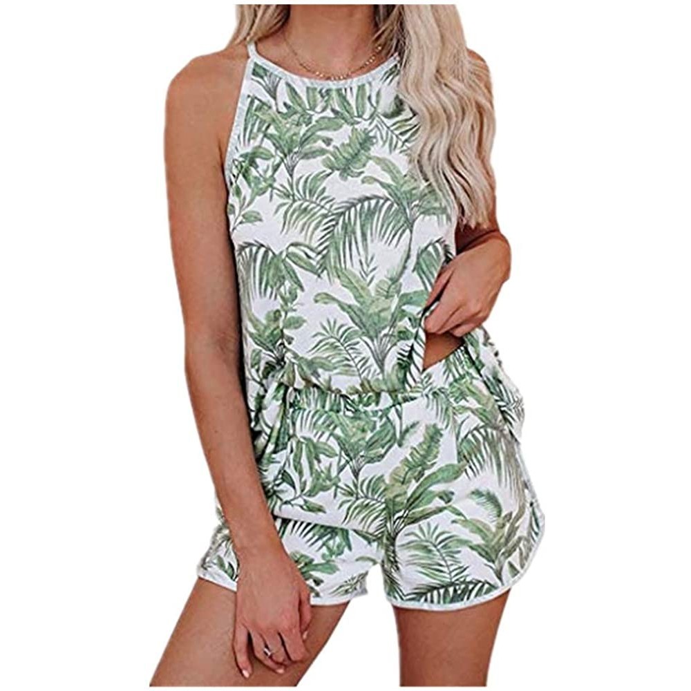 Sets Womens Floral Shorts Pajama Set Halter Sleeveless Overalls Sleepwear Loungewear - Green - CC1998RWQ73