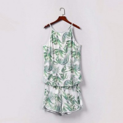 Sets Womens Floral Shorts Pajama Set Halter Sleeveless Overalls Sleepwear Loungewear - Green - CC1998RWQ73