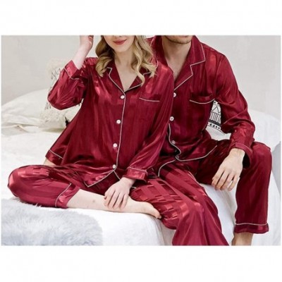 Sleep Sets Thin Close-Fitting Stain Silk Pyjamas Set Women Men Striped Long Sleeve Pijama - Women Lake Blue Set - CR18T747TLN