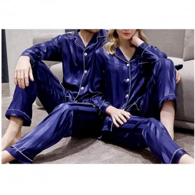 Sleep Sets Thin Close-Fitting Stain Silk Pyjamas Set Women Men Striped Long Sleeve Pijama - Women Lake Blue Set - CR18T747TLN