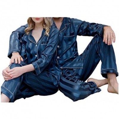 Sleep Sets Thin Close-Fitting Stain Silk Pyjamas Set Women Men Striped Long Sleeve Pijama - Women Lake Blue Set - CR18T747TLN