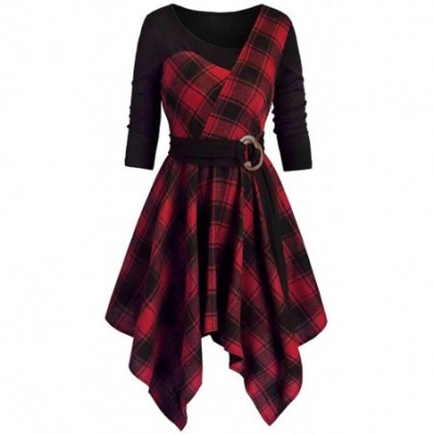 Thermal Underwear Cold Shoulder Plus Size Plaid Skew Neck Belted Dress Waist Ruffled Irregular Long Sleeve Dresses - B-red - ...