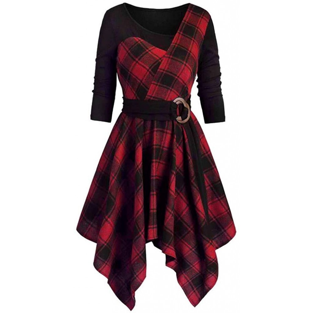 Thermal Underwear Cold Shoulder Plus Size Plaid Skew Neck Belted Dress Waist Ruffled Irregular Long Sleeve Dresses - B-red - ...