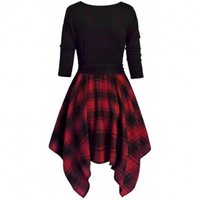 Thermal Underwear Cold Shoulder Plus Size Plaid Skew Neck Belted Dress Waist Ruffled Irregular Long Sleeve Dresses - B-red - ...