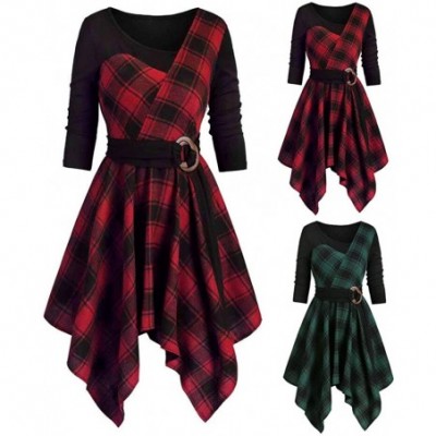 Thermal Underwear Cold Shoulder Plus Size Plaid Skew Neck Belted Dress Waist Ruffled Irregular Long Sleeve Dresses - B-red - ...