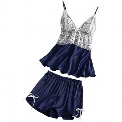 Sets Women Satin Lace V-Neck Camisole Bowknot Shorts Set Sleepwear Pajamas Lingerie - Navy - CY194TLEMN9