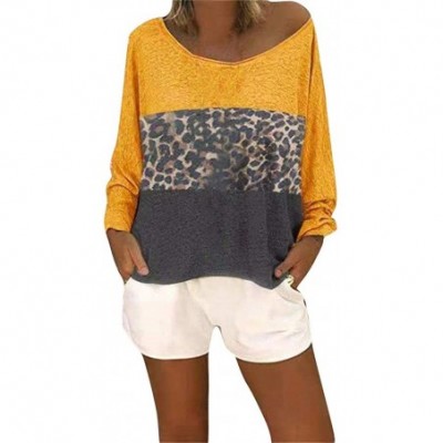 Thermal Underwear Women Long Sleeve V-Neck Patchwork Pullover T-Shirt Blouse Tops - Yellow - C118URSZUW4