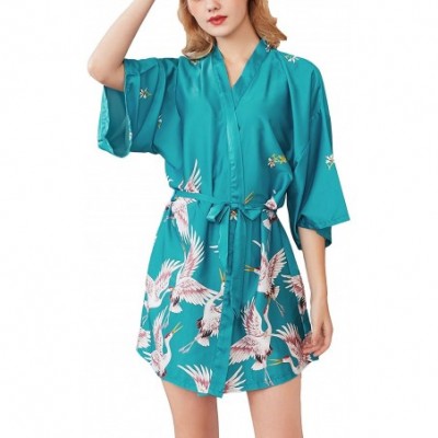 Robes Women's Satin Kimono Robe Silky Short Bathrobe Summer Carne Soft Dressing Gown Robes - Blue - CW18NMY6YMU