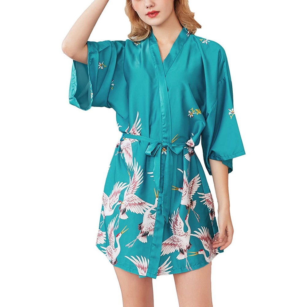 Robes Women's Satin Kimono Robe Silky Short Bathrobe Summer Carne Soft Dressing Gown Robes - Blue - CW18NMY6YMU